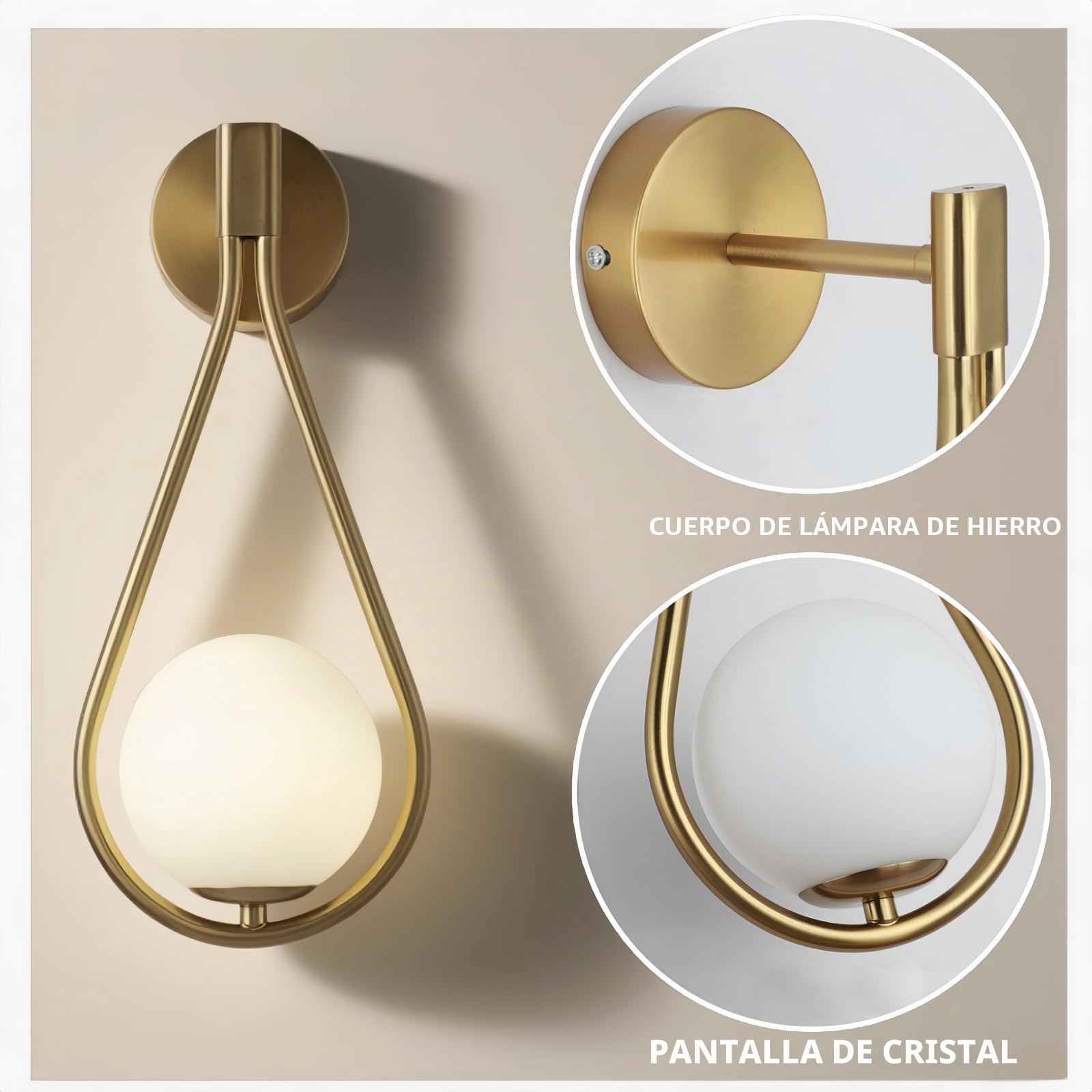 zhxinashu Aplique pared Interior, 5W Bola de Vidrio Lámpara de Pared, Apliques de Pared de Hierro, Lámpara de Pared para Sala de Estar, Dormitorio y Lado de la Cama(Dorado)