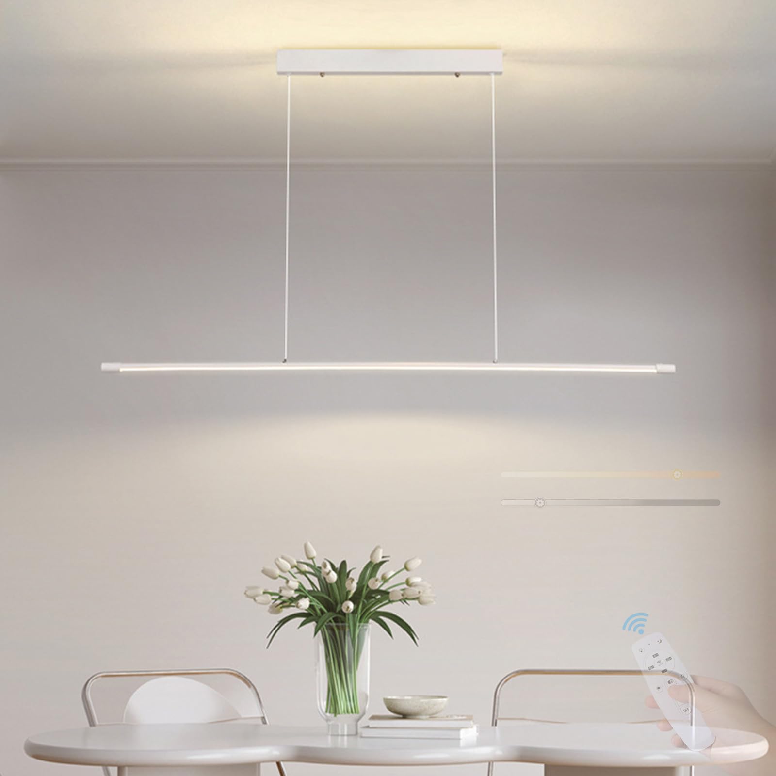 Suspension Luminaire LED Table à Manger avec Télécommande Dimmable 3000K-6000K Pendant Light Moderne Linéaire Hauteur Réglable Suspension Cuisine Salon Bibliothèque Salle à Manger (Blanc,90cm)