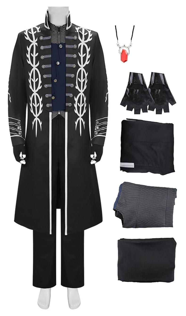 Cnulaueu Mens Cry Devil Cosplay Costume Vergil Trenchcoat Jacket Demon Uniform Suit Halloween Stage Punk Outfit Full Set (Black, Medium)