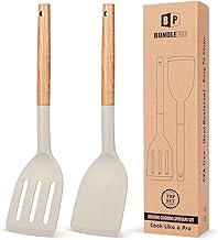 Pack of 2 Silicone Cooking Spatula, Heat Resistant Solid Turner, Non Stick Slotted Spatulas with Wooden Short Handle,Ideal Wood Kitchen Utensils Set for Frying, Baking, Flipping, Turning