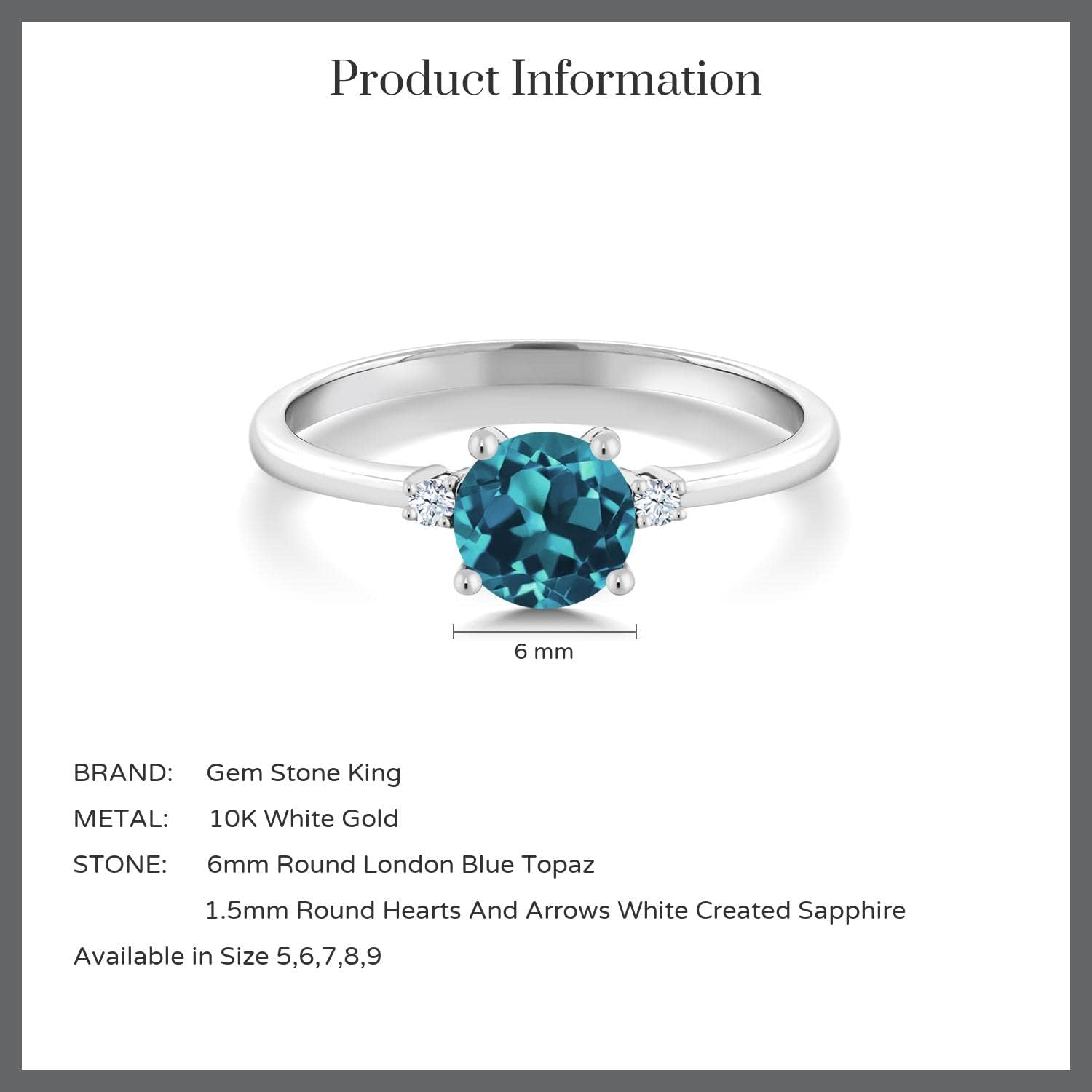 Gem Stone King 10K White Gold London Blue Topaz and White Created Sapphire Solitaire Engagement Ring For Women (0.78 Cttw, Round 6MM, Gemstone November Birthstone)