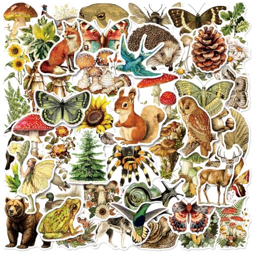 50 Pcs Vintage Flora & Fauna Forest Stickers Waterproof Vinyl Retro Nature Decals for Laptop Skateboard Luggage Classic Woodland Creature & Plant Stickers Gift for Kids Teens Adults (Flora Fauna)