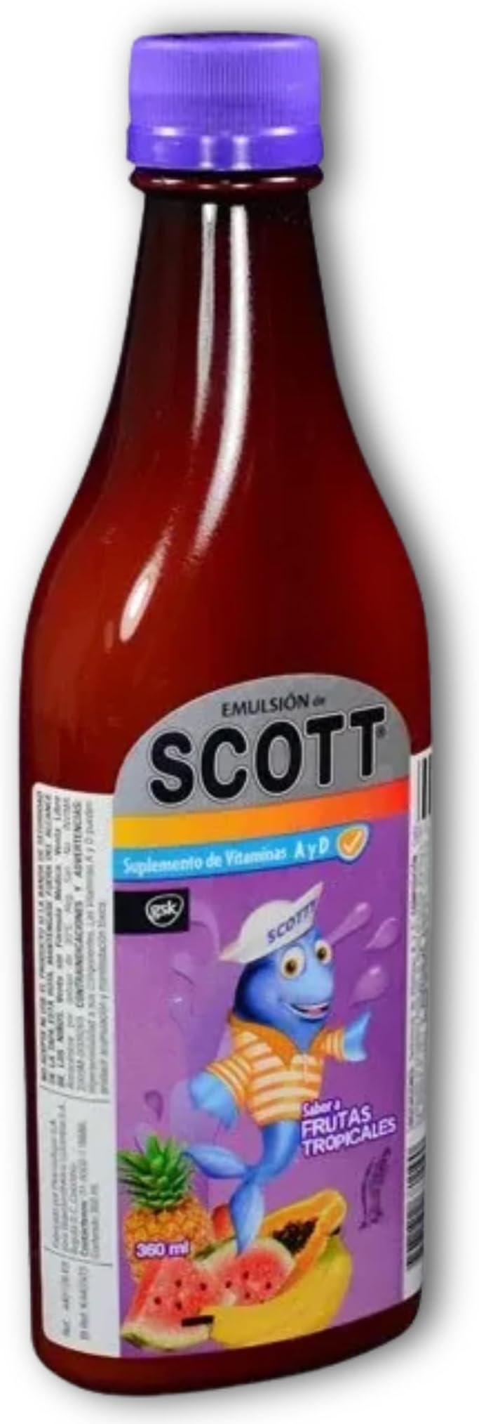 YAHVE - Emulsion de Scott - Sabor Frutas Tropicales (tropical fruit) (360 ml - 12.17 Fl Oz) - Aceite de hígado de bacalao - con vitamina A y Calcio, suplemento dietético para niños.