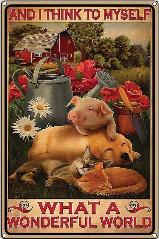Ensound 6"x8" Farmer I Think To Myself What A Wonderful World Animal Flower Tin Sign Vintage Metal Pub Club Cafe bar Home Wall Art Decoration Poster