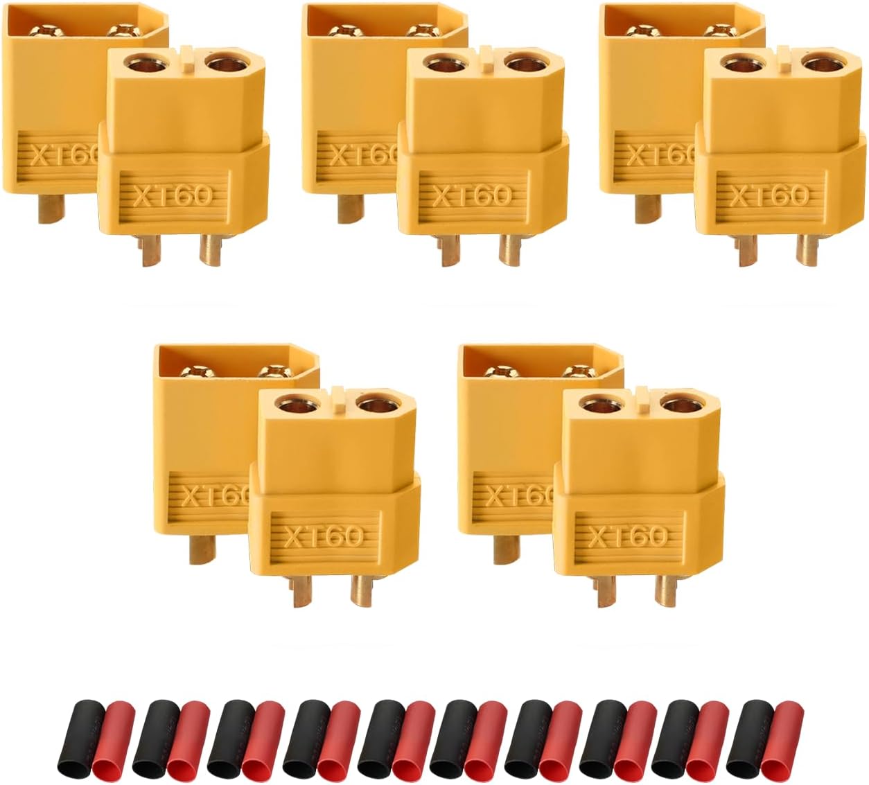 5 Pairs XT60H XT-60 Male & Female Bullet Connector Plug for RC Car/Boat/LiPo Battery 500V 60A (Heat Shrink Tube Included)