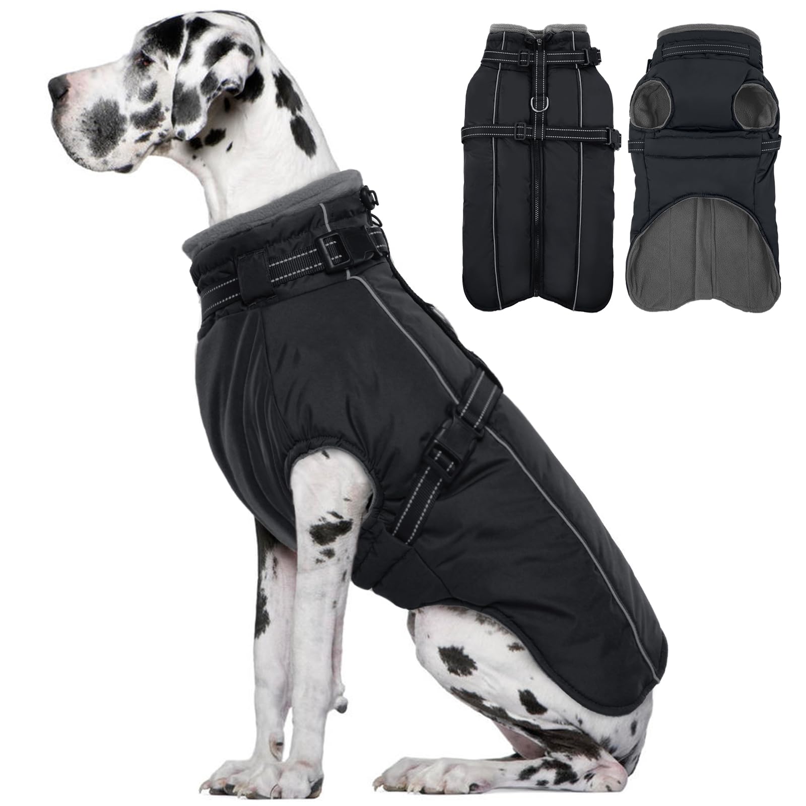 Lelepet Manteau pour chien extra large avec harnais - Veste polaire chaude et imperméable, gilet d'hiver réfléchissant combinaison de neige pour grands chiens, Braque de Weimar - Noir 3XL