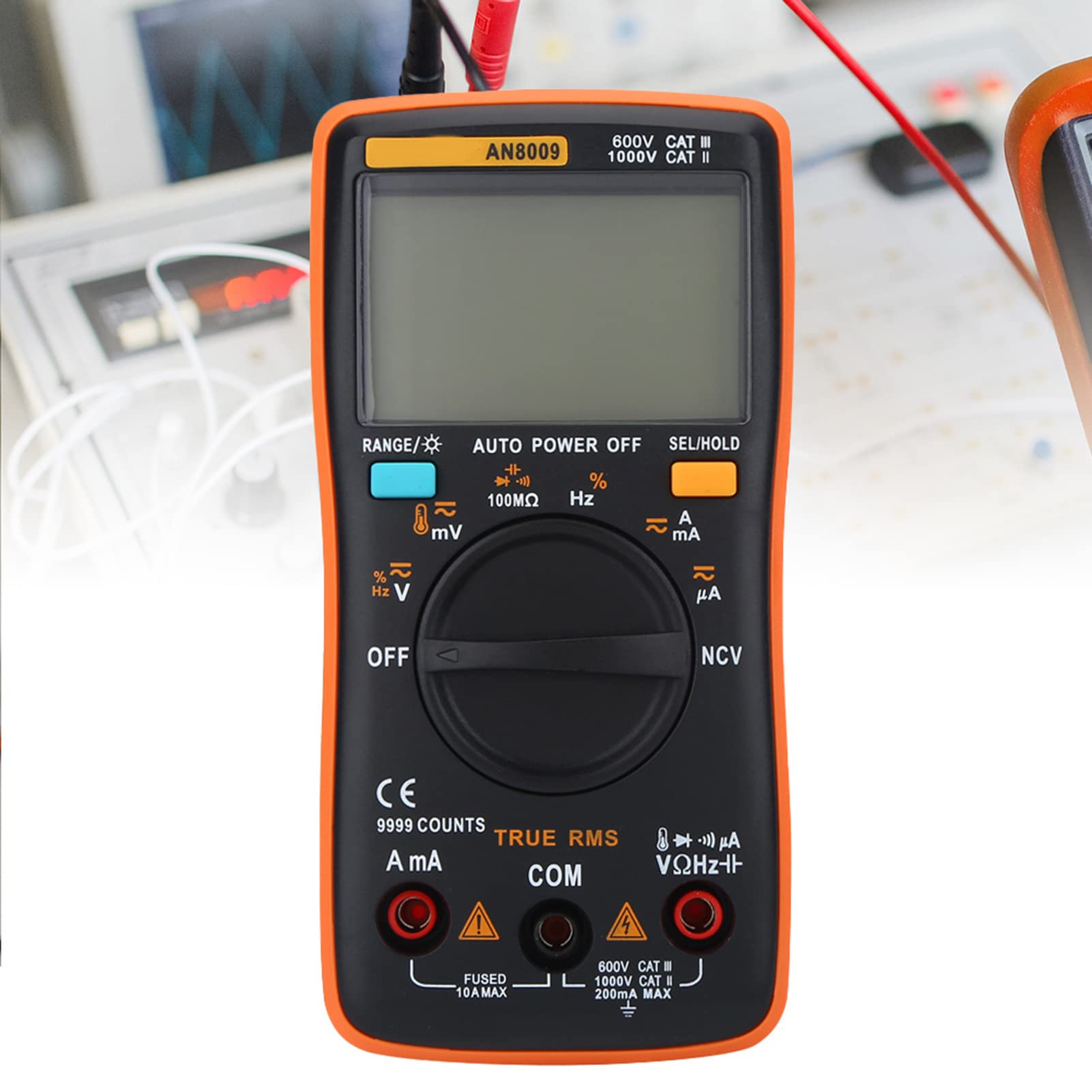 AN8009 Multimetro Digitale Professionale True RMS 6000 Contatti, Auto Range, AC/DC, Arancione, 130x65x30mm, Alta Precisione