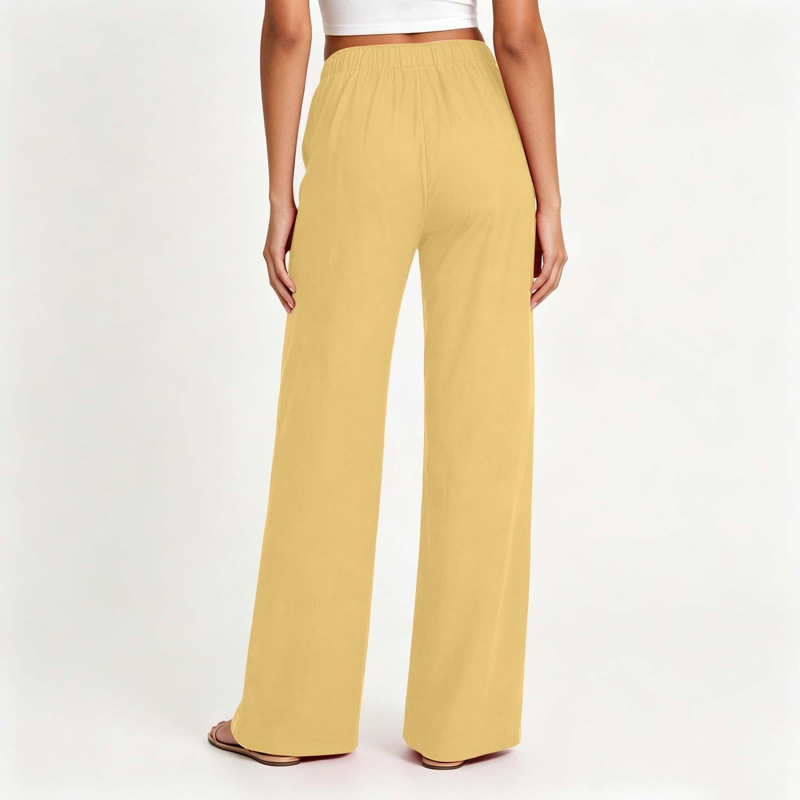Pantalon Large Femme Coton Lin Cordon Taille Élastique Poches Couleur Unie