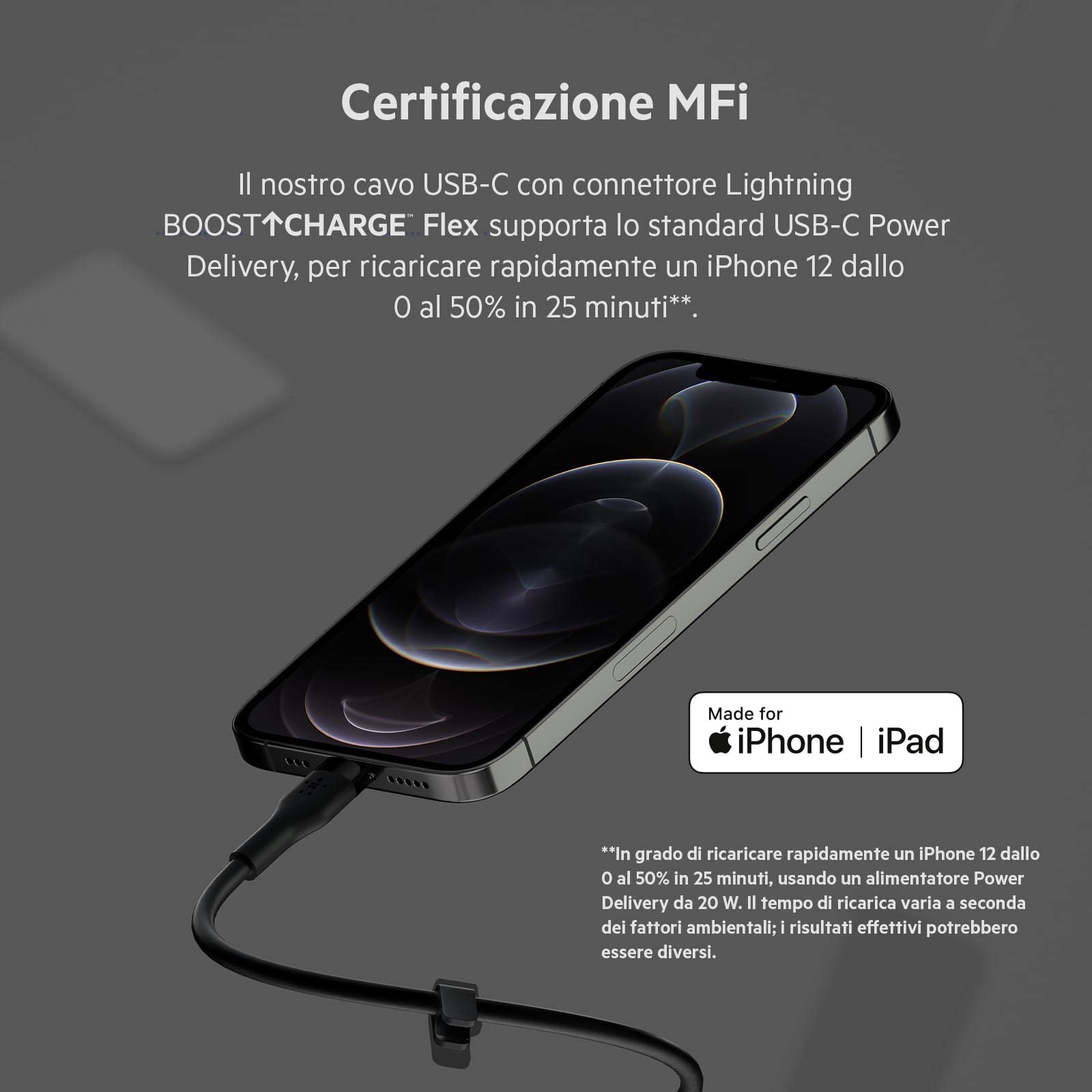 Belkin BoostCharge Flex Cavo da USB Type C a Lightning in silicone (3 m), certificazione MFi, ricarica rapida USB-C PD da 20 W, per iPhone 14/14 Plus, 13, 12, Pro, Max, mini, SE, iPad e altri - Nero
