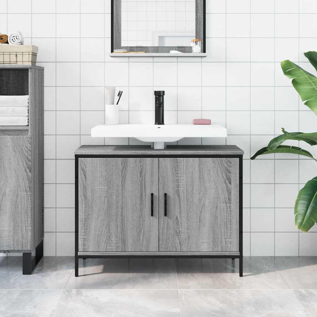 Mobile sottolavabo grigio sonoma, 80 x 30 x 60 cm, in legno con foro per sifone, mobile da bagno con porta e cassetto per WC degli ospiti, mensola per ristrutturazione del bagno