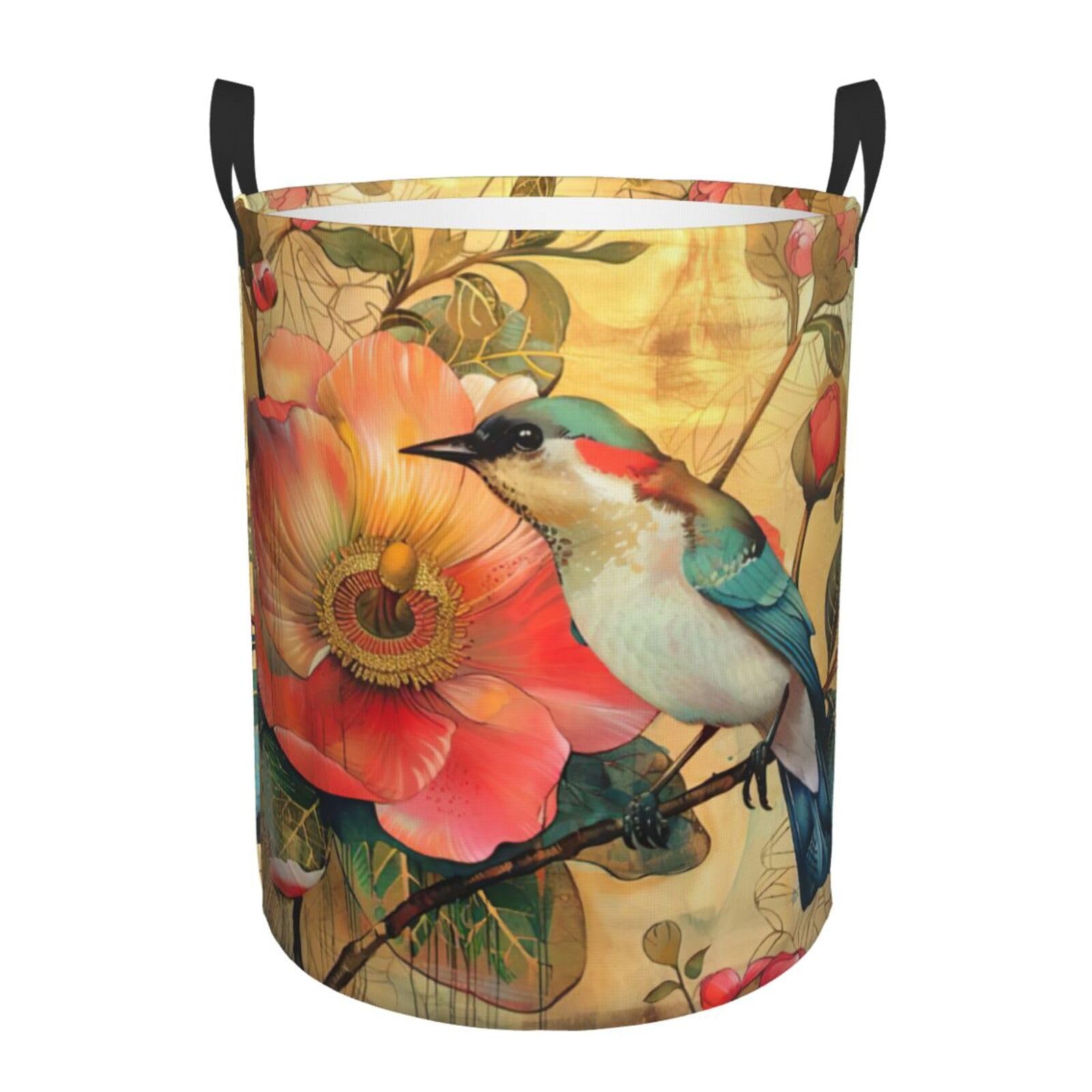 M Collapsible Laundry Hamper Round Flower and Bird Print Storage