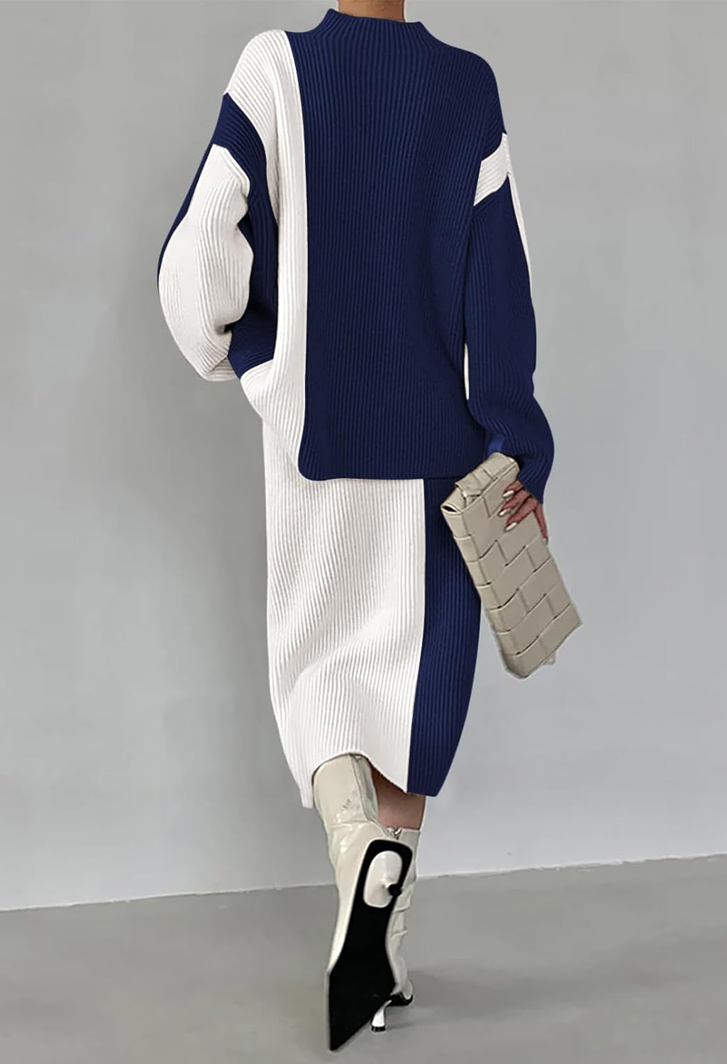 Pink Queen Women's 2 Piece Outfits 2025 Fall Winter Sweater Skirt Set Long Sleeve Oversized Top High Waist Color Block Dress - Image 2