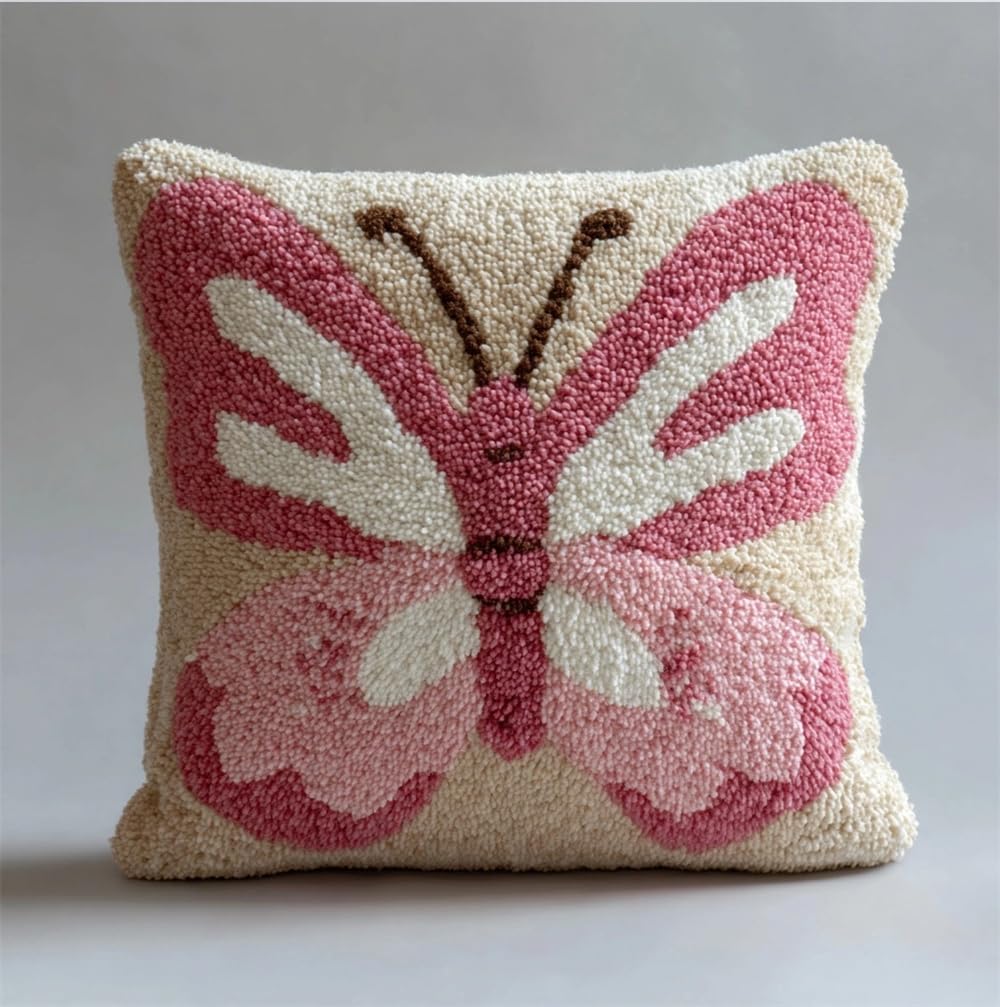 FWRTYCB Latch Hook Kits for Adults Pink Butterfly Latch Hook Pillow Cushio