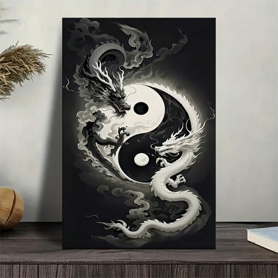 Tableau sur toile dragon noir et blanc pour habiller un mur vide de salon 40x60cm