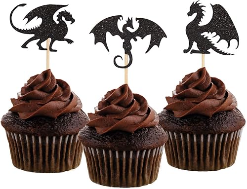 Morndew 24 piezas de decoración de magdalenas de dragón con purpurina negra para cupcakes de dinosaurio, para baby shower, niños, suministros de