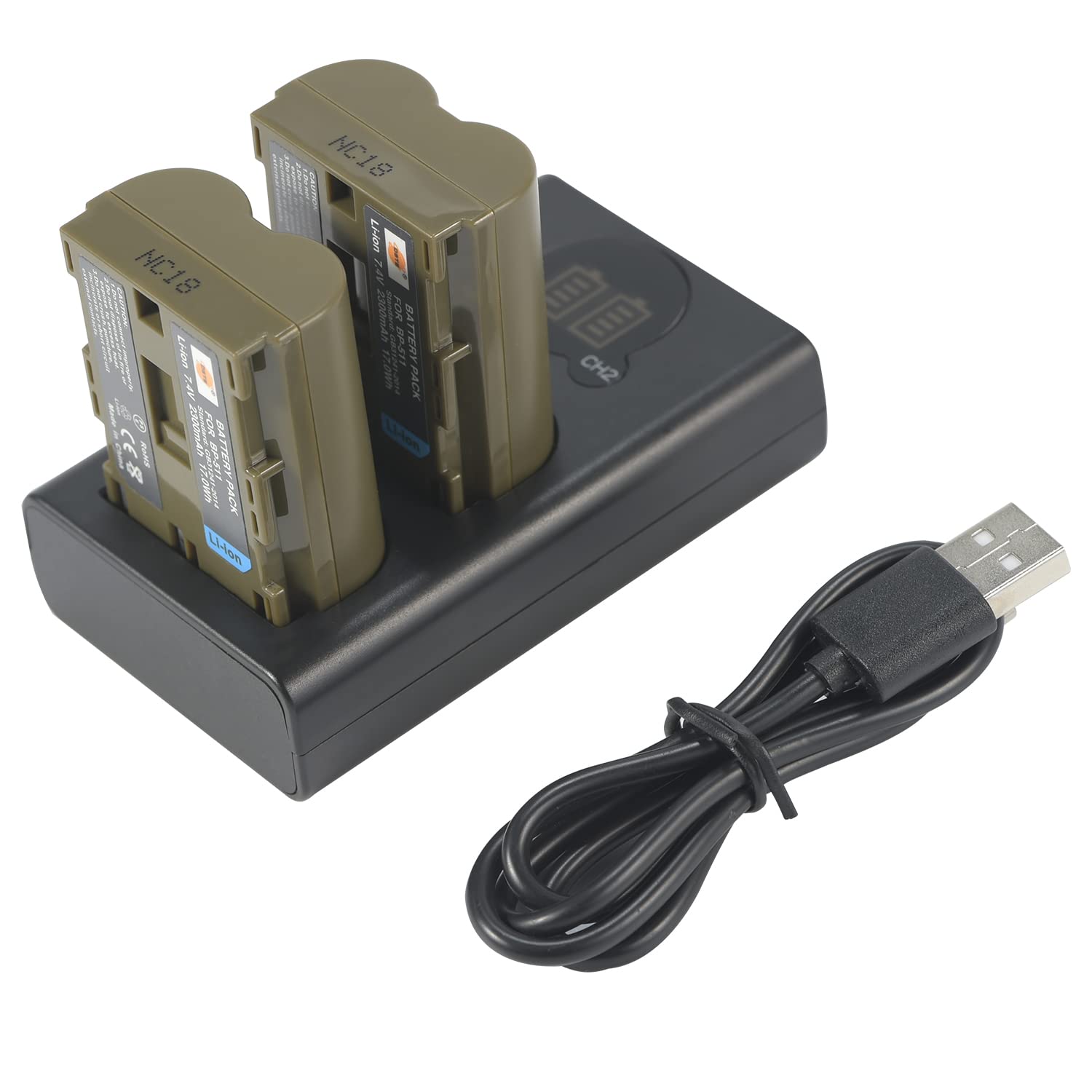 DSTE (2-Pack) BP-511 BP511 BP511A BP-511A Ersatz Batterie + Duales USB-Ladegerät mit LCD-Display Kompatibel mit Canon EOS 10D,20Da,300D,30D,40D,50D,D30,D60,DM-MV100Xi,DM-MV430,DM-MV450,DM-MVX1i Kamera