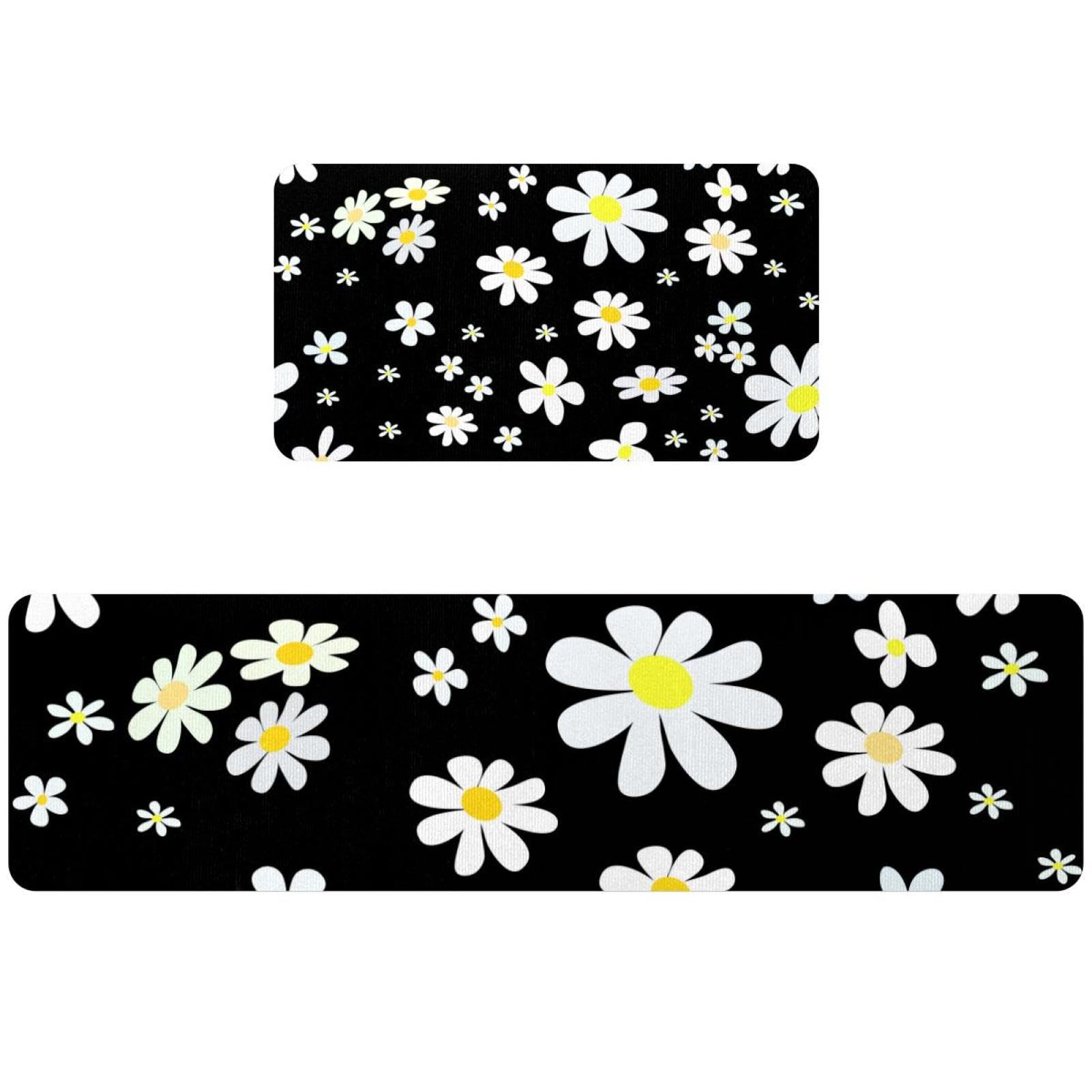 Tapete de cocina y alfombra textil de 2 piezas con fondo negro floral