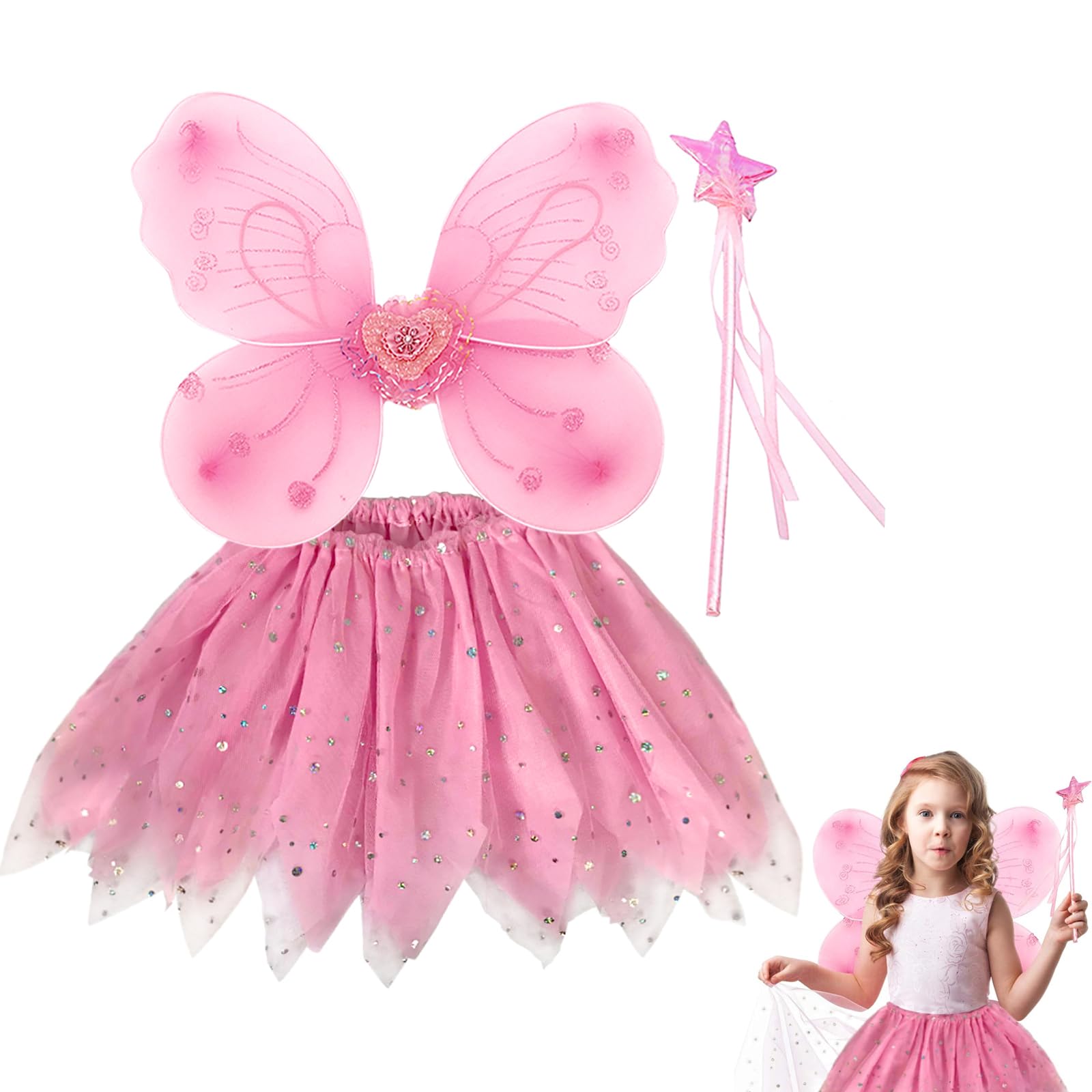 Fairy Wings Kids and Wand Set, Kids Butterfly Wings with Tutu Skirt Butterfly Costume Princess Fairy Costume for Girls Masquerade Birthday Party 3-8 Years Old (Pink)