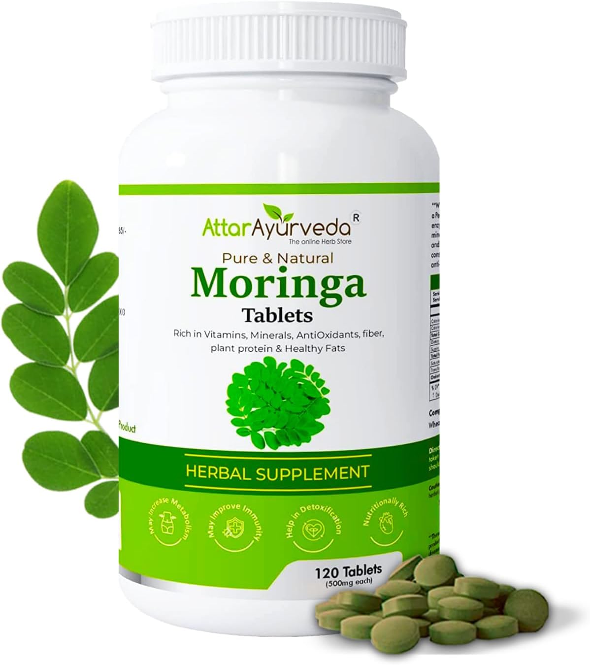 Attar Ayurveda Moringa Tablets 120 Tablets, 500 mg each | Drumstick Leaf Tablets | Pure and Natural, Highly Nutritious