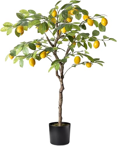Limonero artificial, planta de limón artificial de 4 pies de alto en maceta, árbol frutal de limón sintético para decoración interior del hogar,