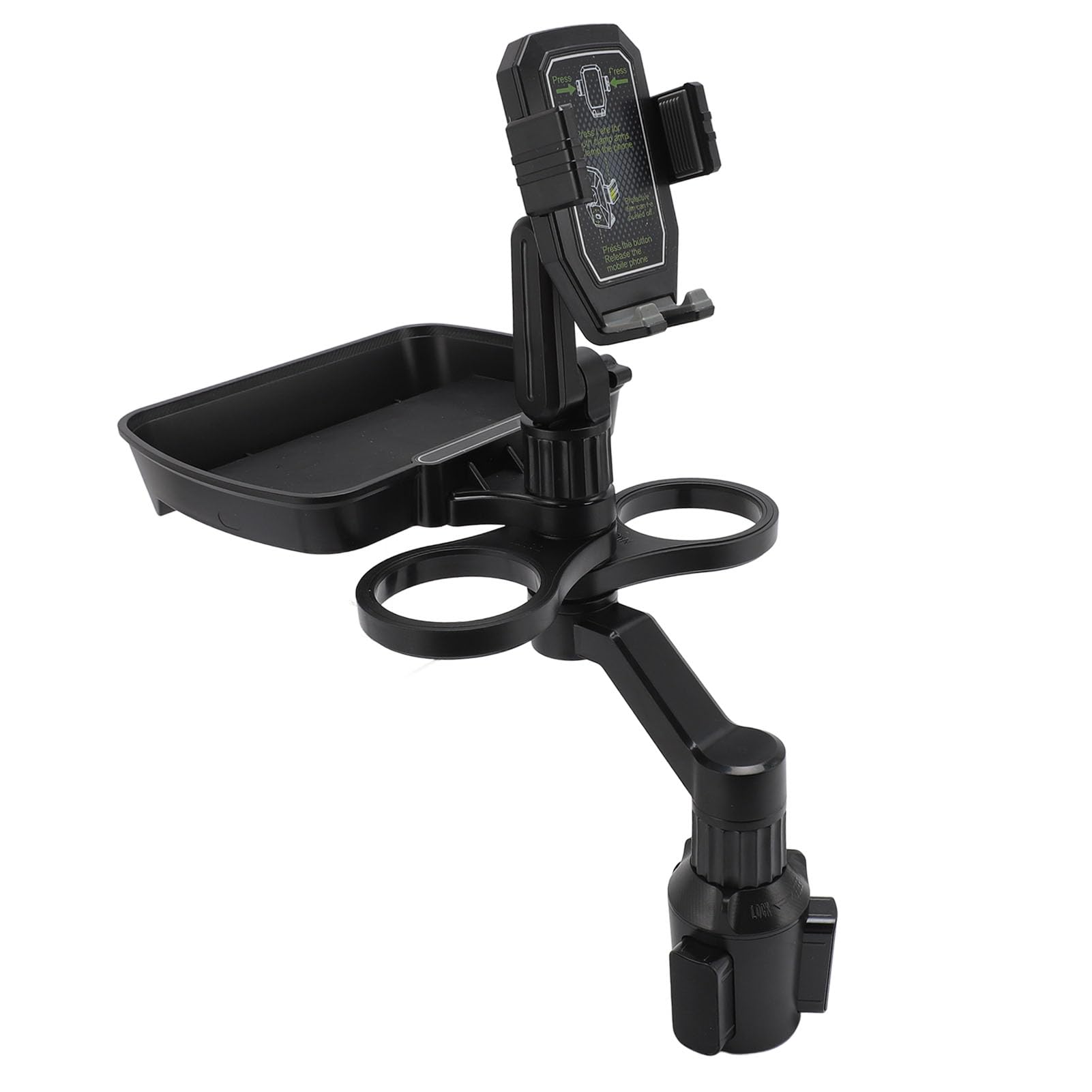 LOCADENCE Car Cup Holder Expander Tray, 360° Rotatable Detachable Car Food Table Tray with Phone Mount, Dual Cup Holder Expander with Adjustable Base