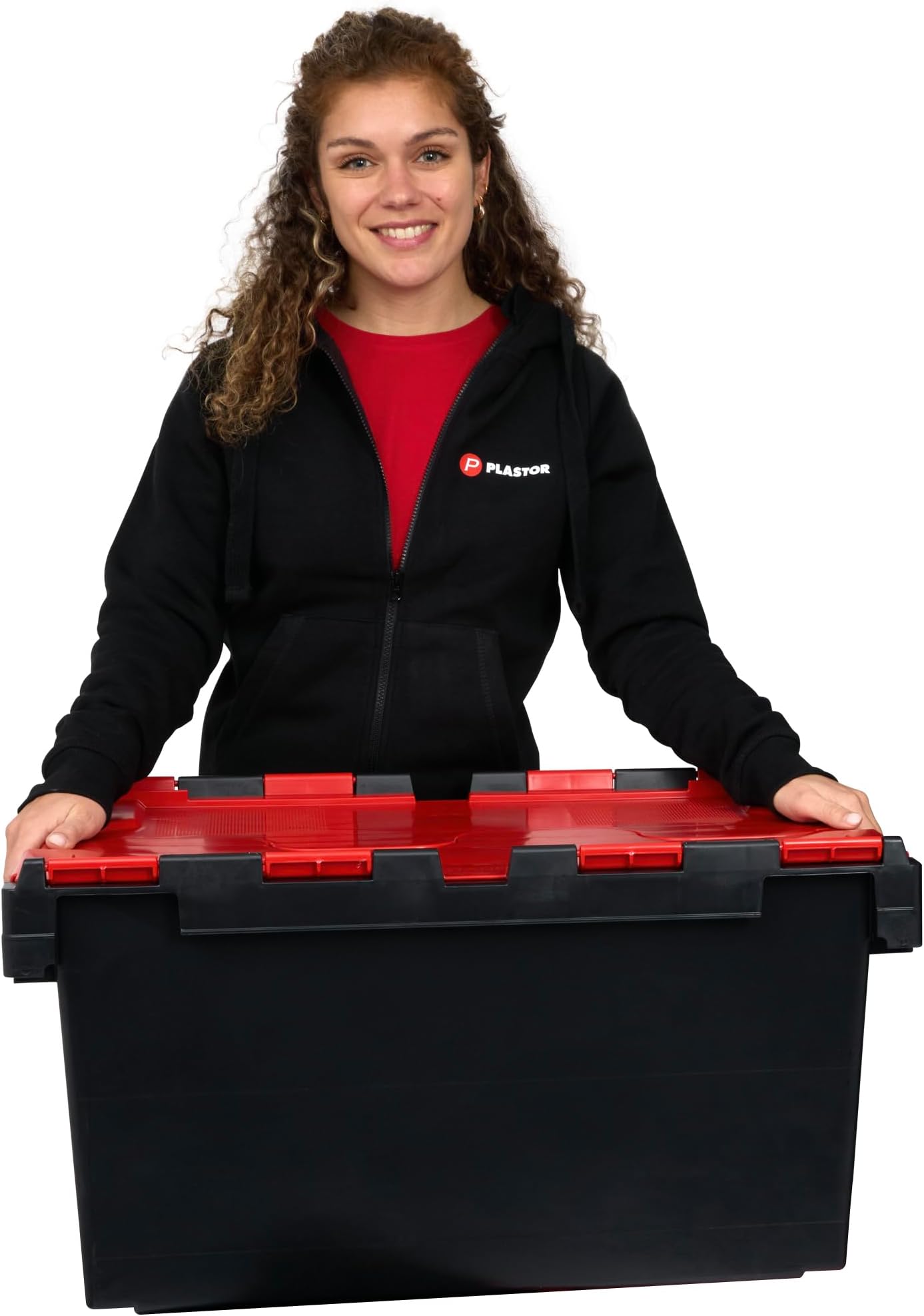 Plastor Large Plastic 80 Litre Heavy Duty Storage Boxes (71 x 46 x 36.8cm) Black and Red LC3 Crates with Attached Hinged Lids (x1)