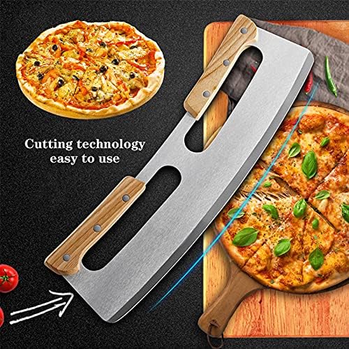Pizza Cu-tte-r, Pizza Shovel Stainless Steel Rocker Chopper with Safe Wooden Handle Multifunctional Kitchen Shovel Oven Accessories Tools for Homemade Baking Dough Bread BBQ, 35x11 cm