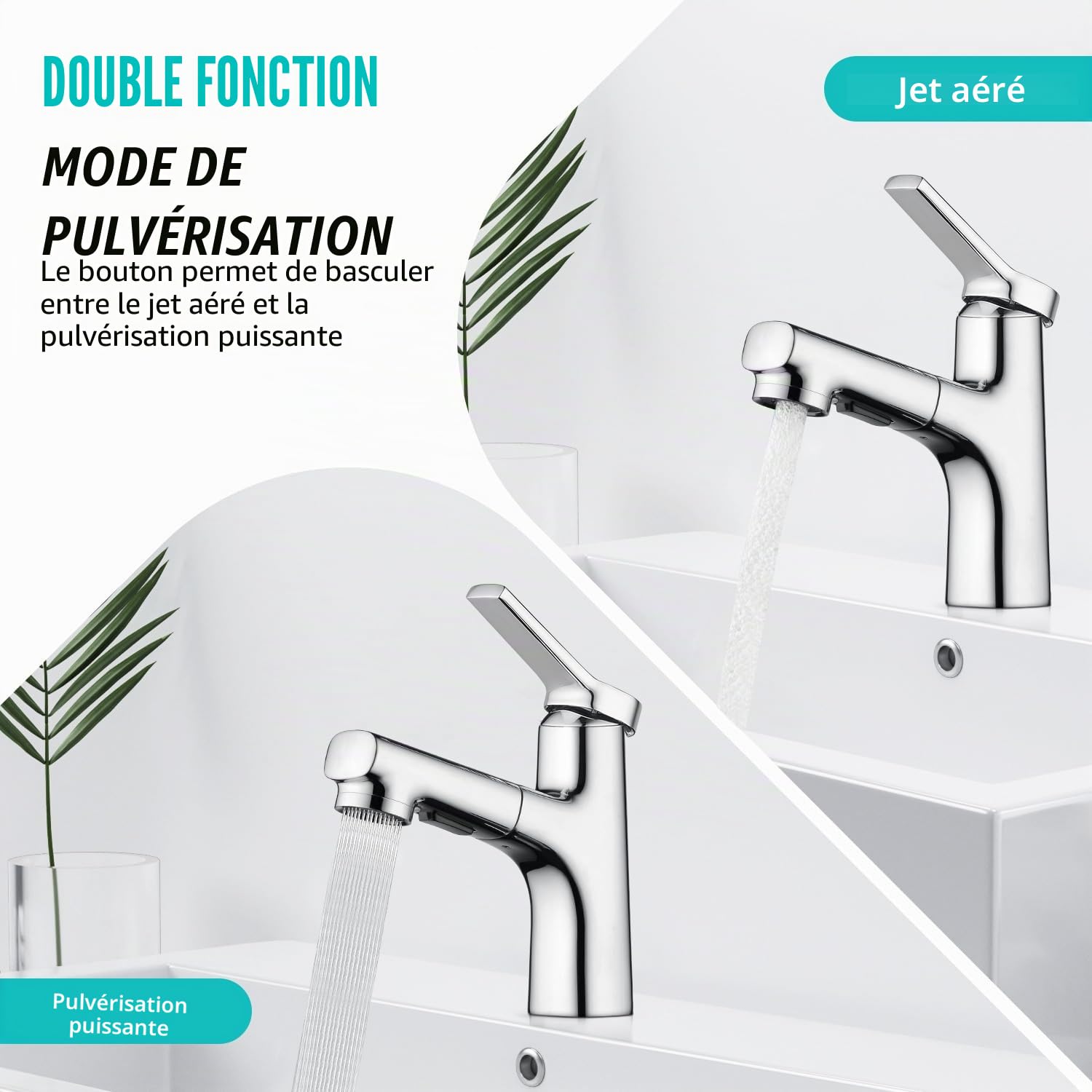 CREA Robinet Salle de Bain avec Douchette Extractible, Robinet de Lavabo Mitigeur et Deux Modes D’écoulement D'eau, Levier Mélangeur Monotrou Laiton Chromé Poli