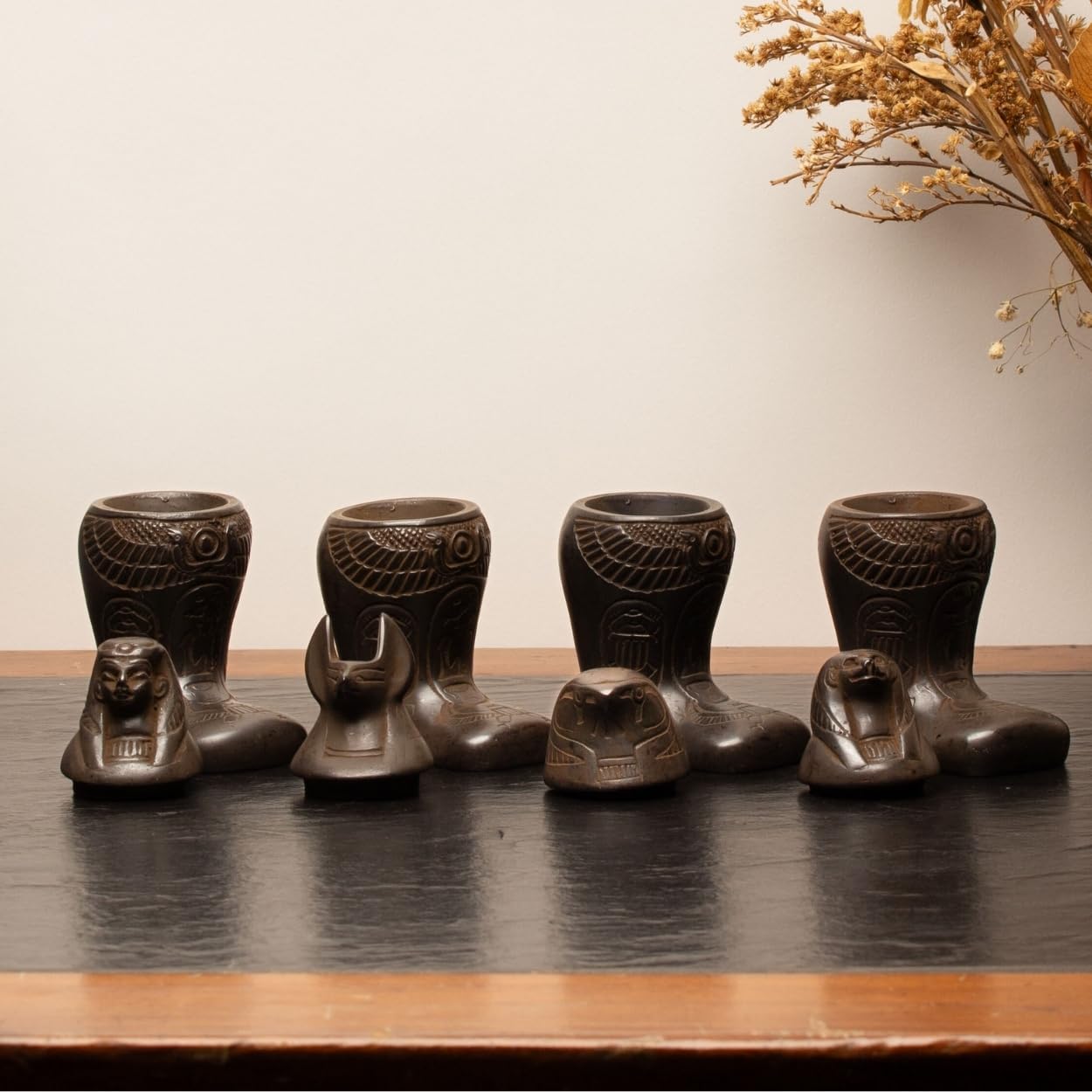 Discoveries Egyptian Imports - Footed Canopic Jars Black Matte - Set of 4-4" - Made in Egypt