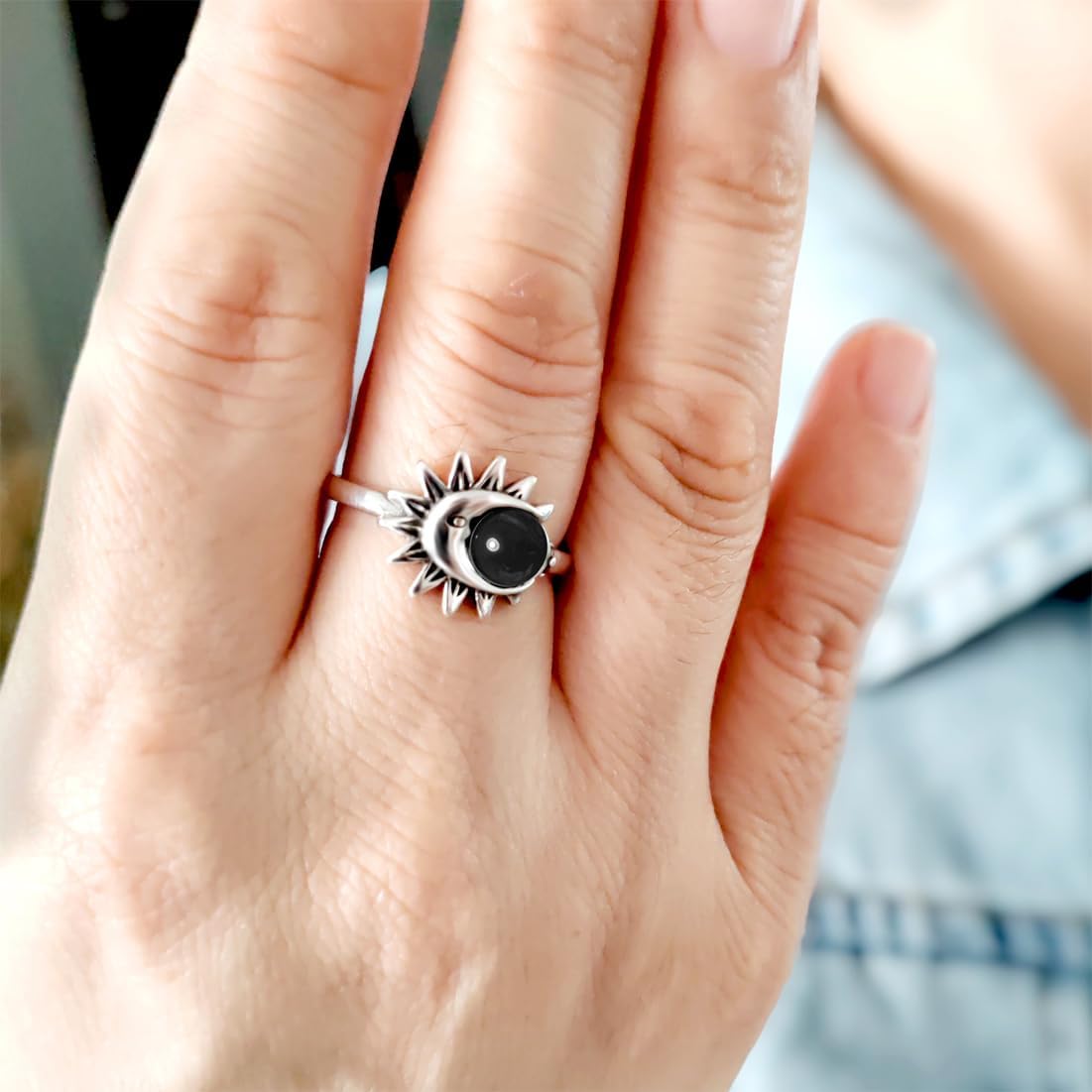 S925 Sterling Silver 6mm Round Natural Stone Sun Moon Statement Ring Jewelry for Women - Image 5