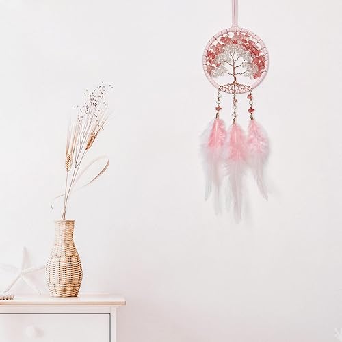 Miniatura 7 de Alynsehom Atrapasueños hecho a mano con colgante de espejo retrovisor de automóvil de plumas blancas con cuentas de cristal, dije de árbol de la