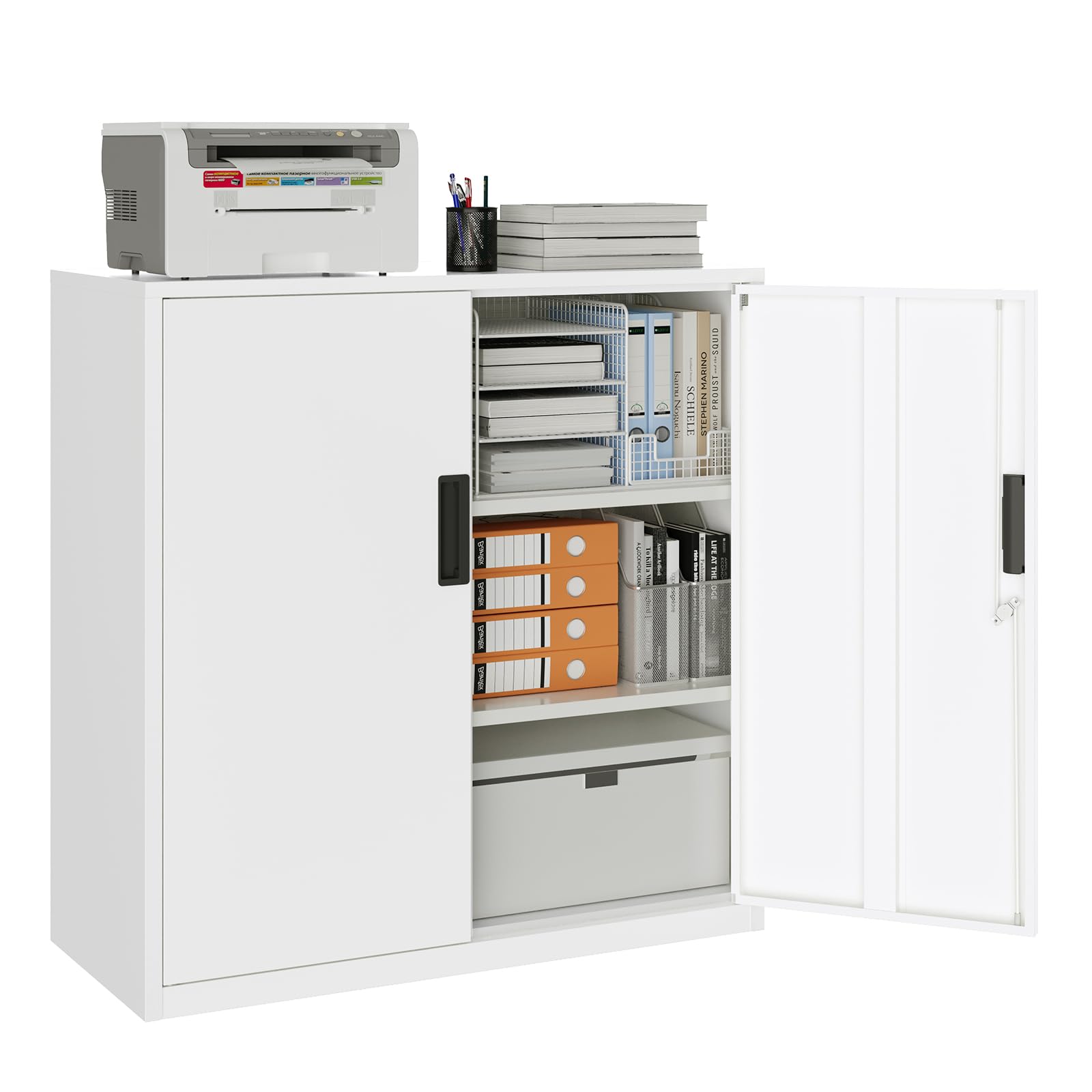 YOUDENOVA Aktenschrank,90 x 90 x 40 Metall Aktenschrank Abschließbar mit 2 Türen,Mehrzweckschrank mit 3 Ebenen,Weiß Mehrzweckschrank mit verstellbare Ablagen