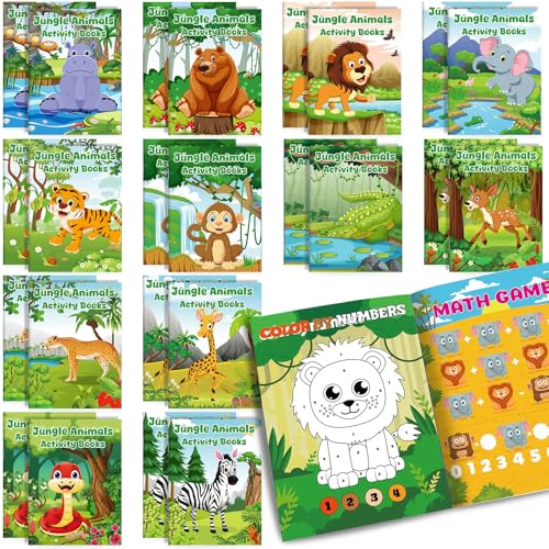 Fullhawl 24 Pcs Safari Animal Activity Books Mini Fun Games Bulk Coloring Books Mazes Word Search Scramble Find Difference for Goodie Bag Stuffers Classroom Birthday Party Supplies(Jungle Animal)