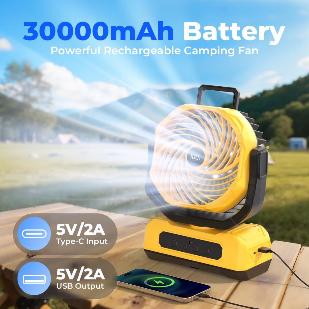 30000mAh Portable Camping Fan with RGB Lantern, Rechargeable Battery Powered Oscillating 4 Wind Speeds LED Display, Remote Control Timer Tent Beach Cordless USB Fans for Travel Home Outdoor, Yellow - Image 3