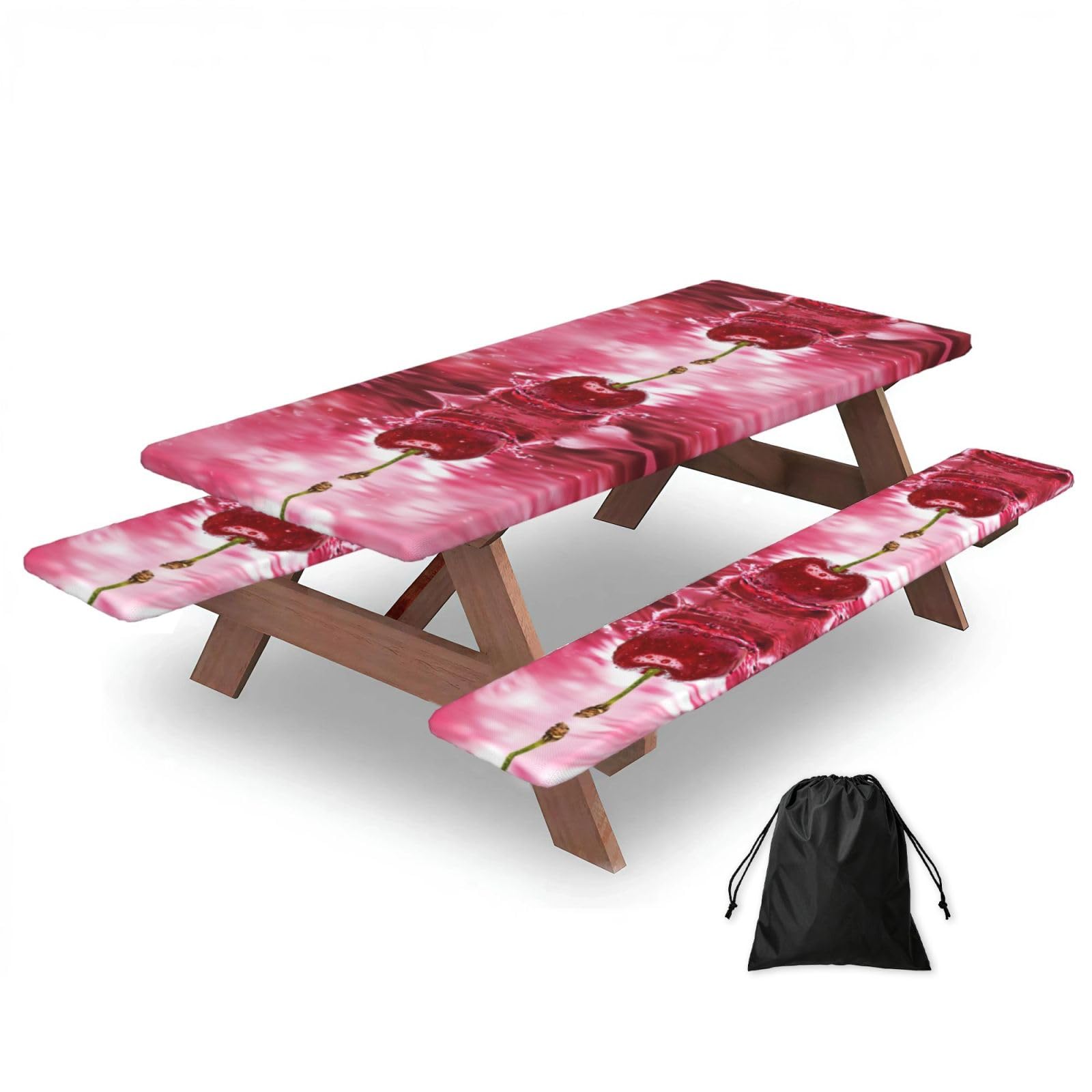 Red Cherries Print 3 Pack Wipeable Picnic Bench Cover And Table Cover Lightweight Table Cloth For Camping Outdoor