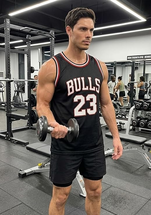 Image of AKAR Men's Basketball Jersey Sleeveless Athletic Vest, Bulls 23 Print, Black, Lightweight Breathable Performance Shirt for Gym & Fitness