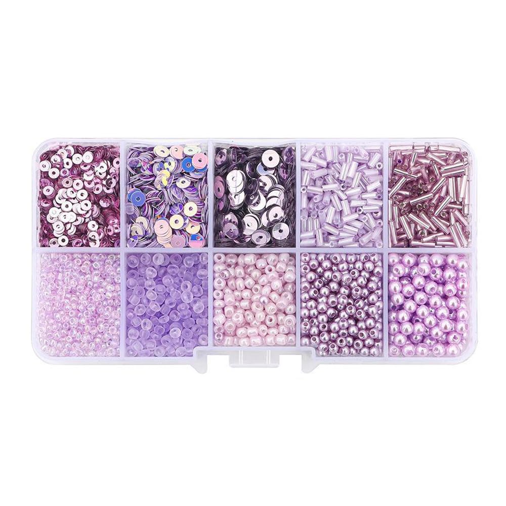1 Box Light Purple Beads and Sequins Kit, Assorted Glass Craft Beads Loose Sequins for Crafting, Beading, Keychain Making