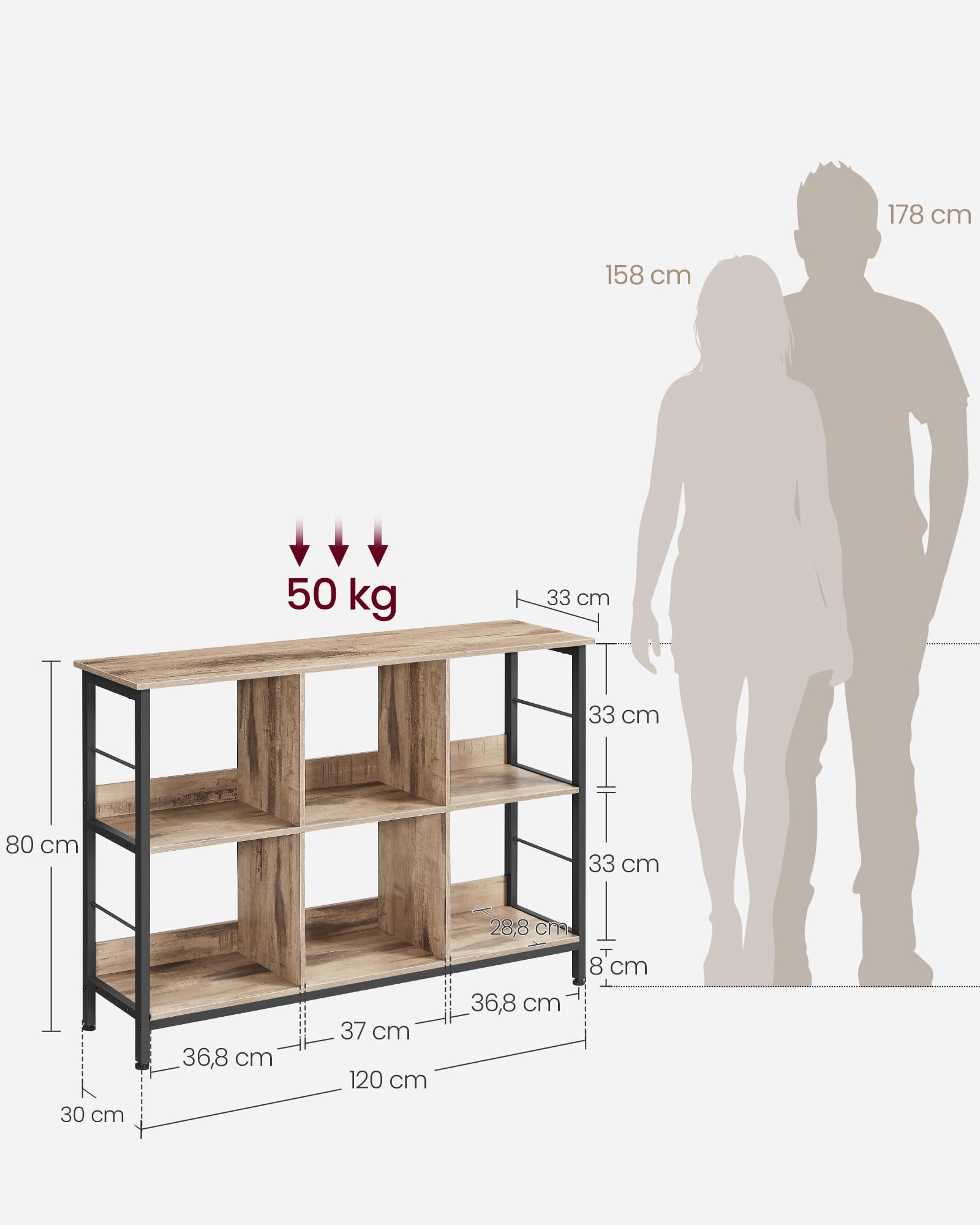 VASAGLE Bücherregal Standregal 6 Fächer 33 x 120 x 80 cm kamelbraun-tintenschwarz LLS104B50