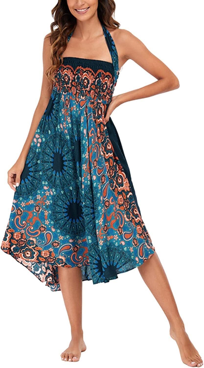 YWLINK Rok Voor Kort Achter Lang Dames Boho Bloemenprint Split Ruches Zoom Swing Lange Rok Dames Rokken Boheemse Bloemen Rokken Elastische Taille Midi Rokken, B-kaki., L