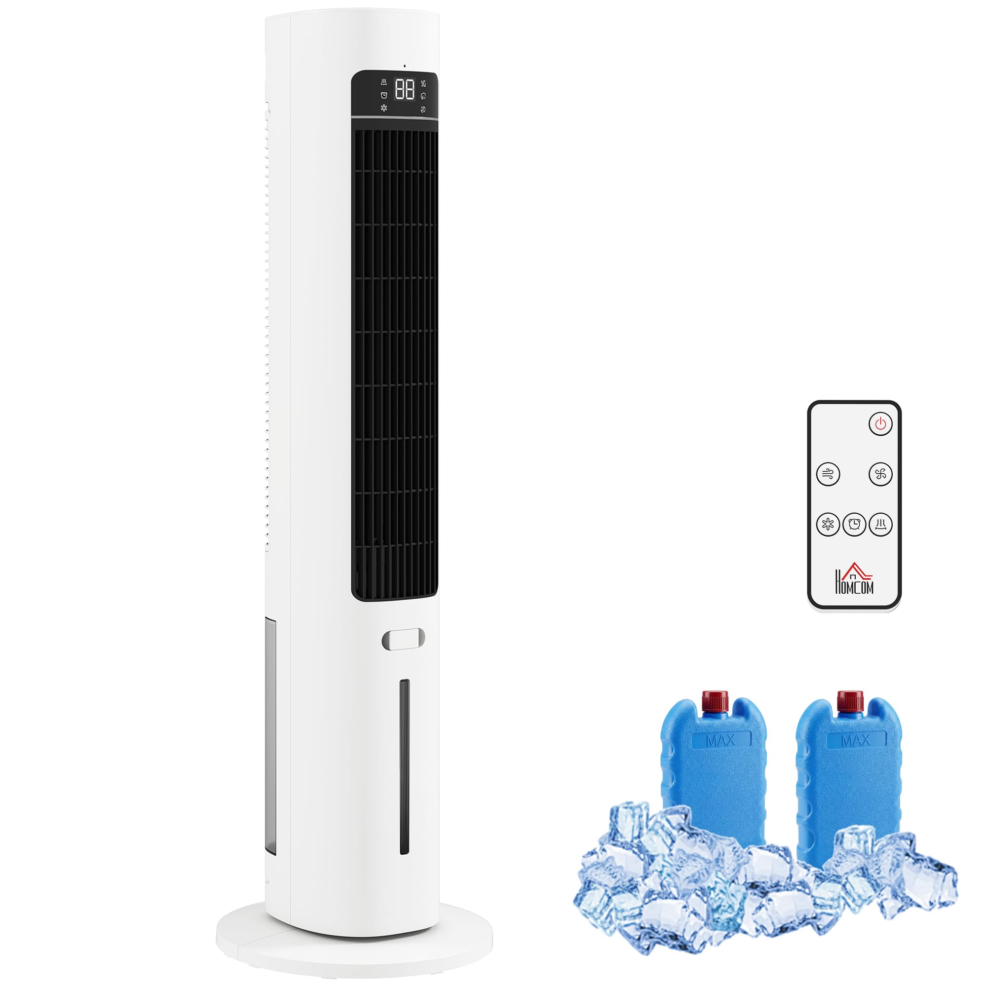 HOMCOM Condizionatore Portatile 3-in-1 con Serbatoio 3 Litri, Oscillazione 48°, 3 Velocità, 3 Modalità, Raffrescatore d'Aria a Torre, 2 Blocchi Refrigeranti, Telecomando, Casa Ufficio, Bianco