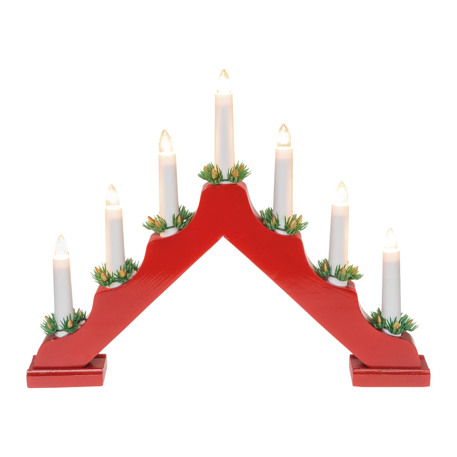 Idena 31604 - Portacandele LED dell'Avvento in legno laccato rosso con 7 candele LED bianco caldo, arco di candele con lampadina di ricambio e interruttore, decorazione natalizia per interni