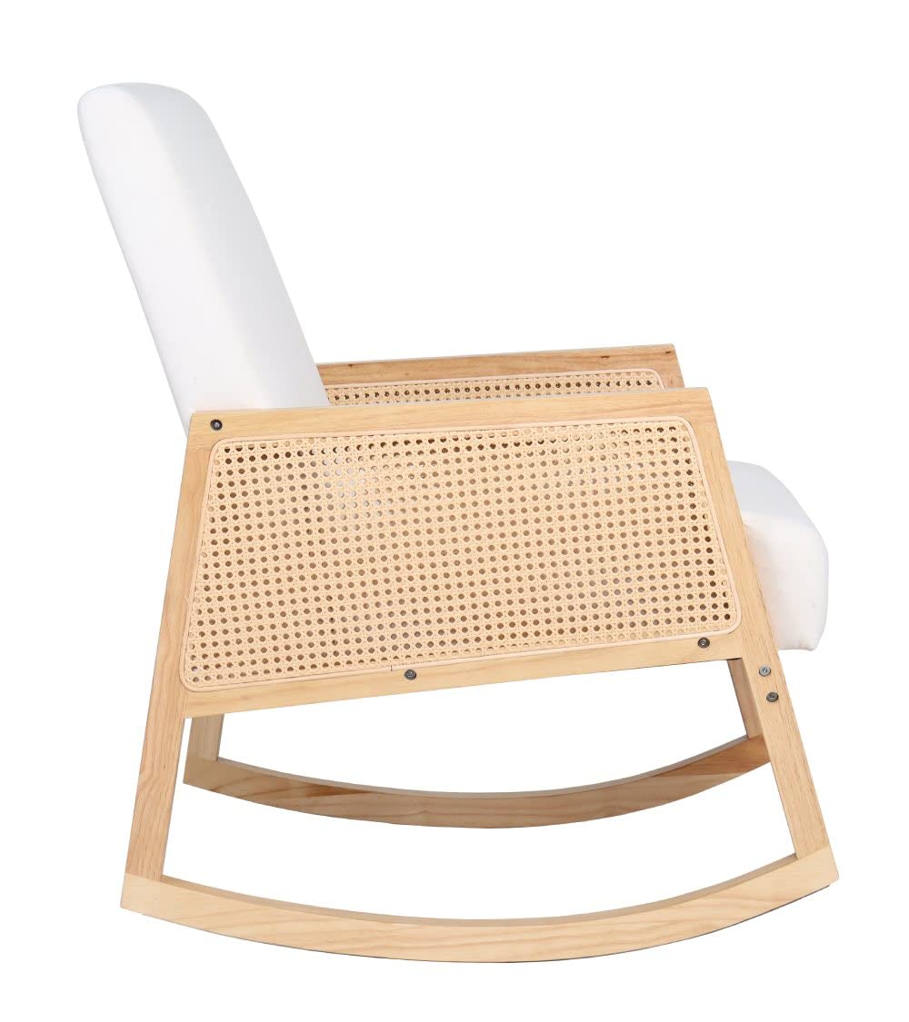SWEET SOFA® - Butaca Mecedora de Madera y ratán Sofia, Estilo Boho Chic, tapizado Antimanchas. 96x66x82 cm. (Crema/Madera Clara)