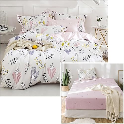 Miniatura 1 de HighBuy Juego de funda de edredón para niñas, diseño floral, tamaño individual, color blanco y rosa, algodón de alta calidad, 4 piezas (1 funda de