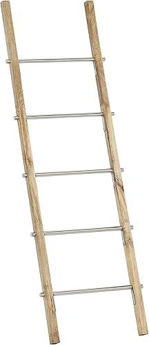 Miniatura 8 de Deco 79 Escalera de metal delgada con 3 ganchos con 5 peldaños de madera marrón, 15 x 1 x 72 pulgadas, color negro