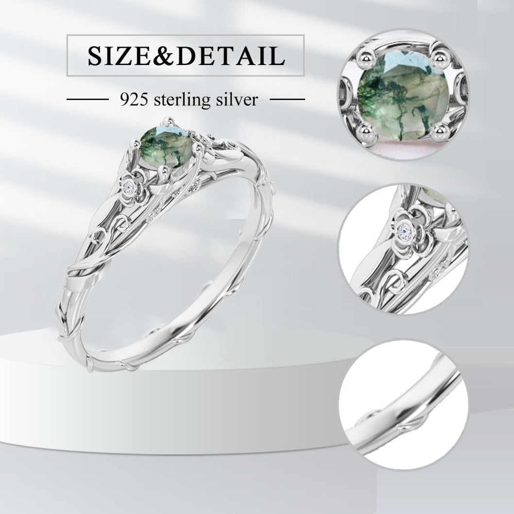 Natural Moss Agate Ring - 925 Sterling Silver Green Moss Agate Promise Ring for Women - Image 4