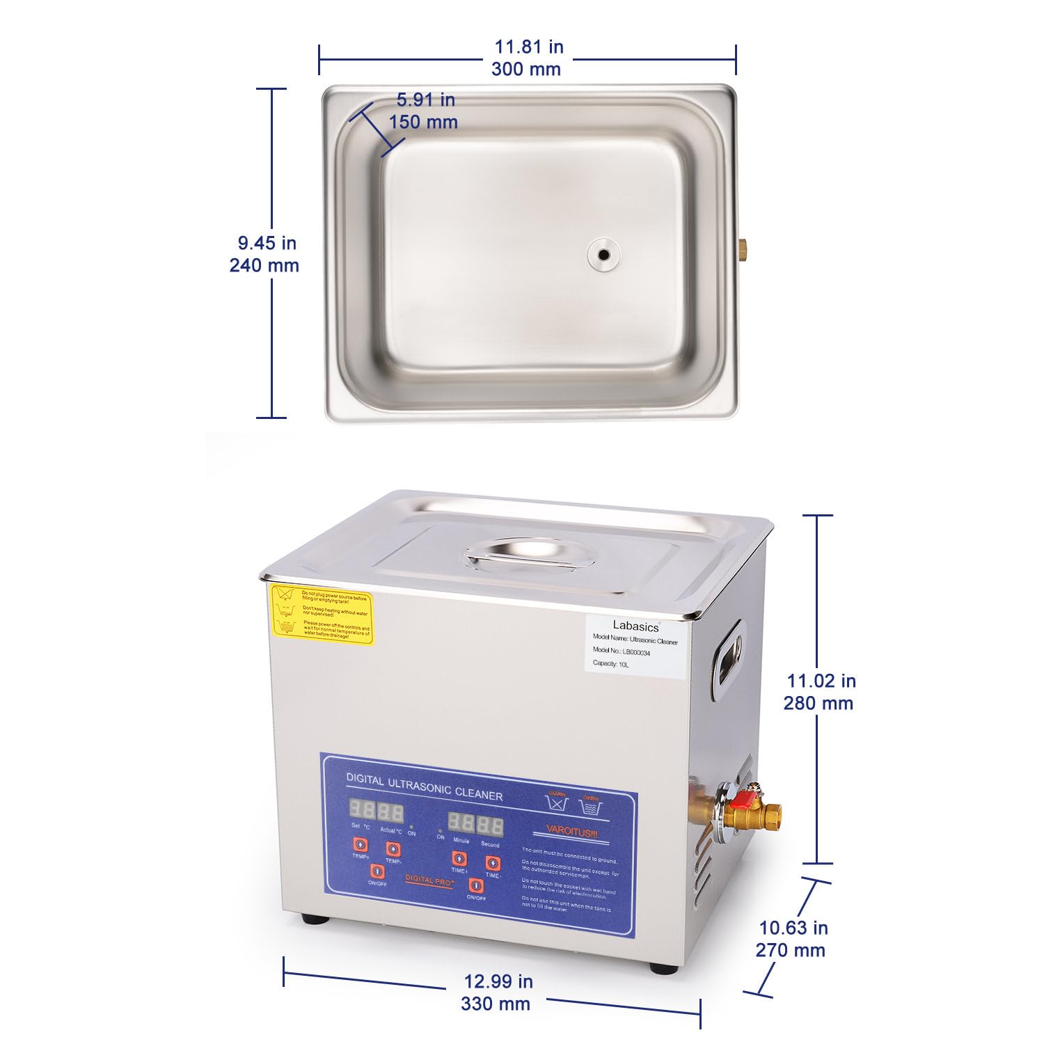 Labasics Pulitore ad Ultrasuoni, Pulitore ad Ultrasuoni Acciaio Inox Professionale Multiuso con Timer Display Digitale e Controllo del Calore per Laboratorio 220V, 10L