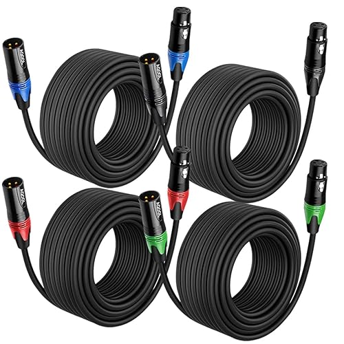 AQOOL Cables XLR de 25 pies, cables de micrófono de 3 pines chapados en oro, cable XLR macho a hembra, conectores de colores, cables de conexión XLR