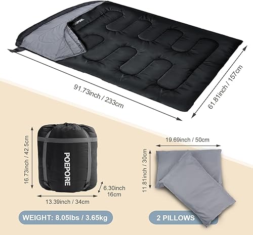 Miniatura 2 de Saco de dormir doble de franela para adultos con 2 almohadas, sacos de dormir para 2 personas, camping, XXL, tamaño Queen, saco de dormir para dos