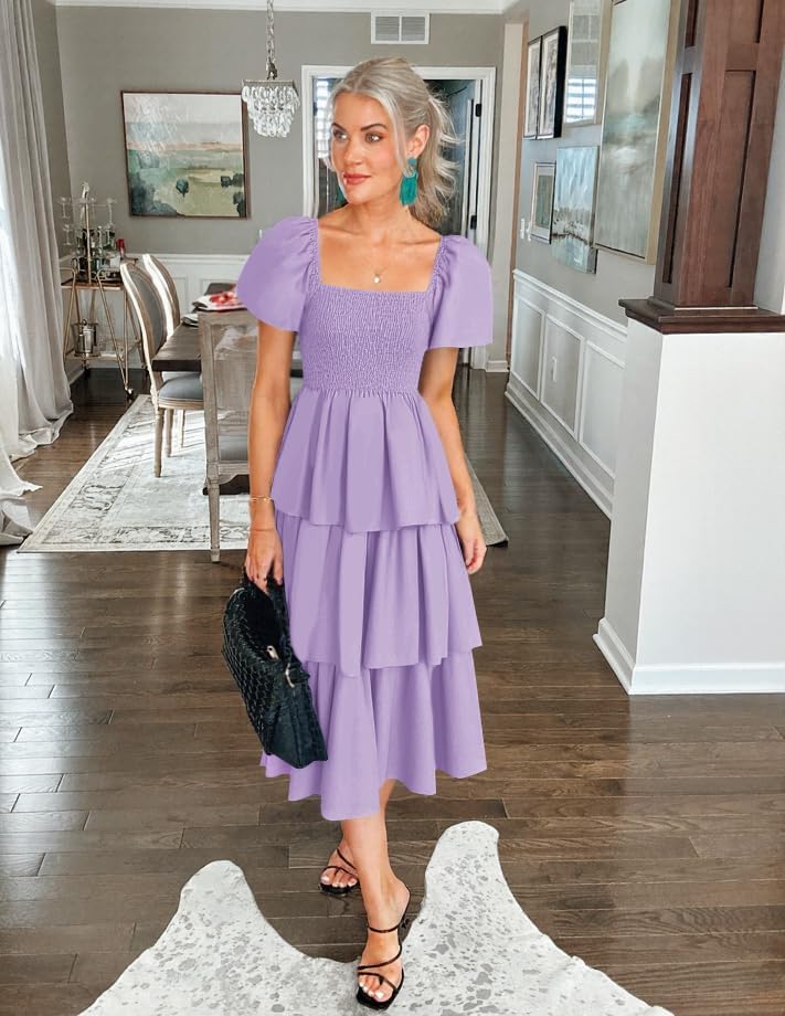ZESICA Women's Summer Puff Sleeve Midi Dress 2026 Casual Flowy A Line Tiered Wedding Guest Beach Vacation Long Dresses - Image 5