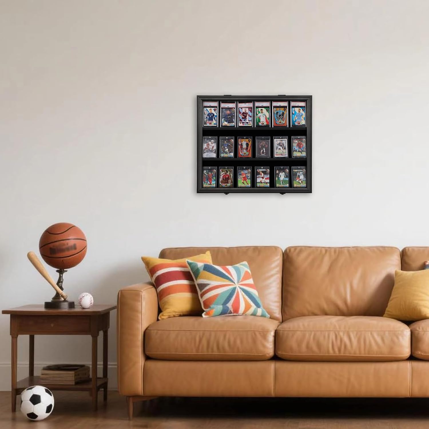 18 Graded Sports Card Display Case with UV Protection Lockable Wall Frame Cabinet for Basketball Football Baseball Hockey Trading Cards-Black Finish